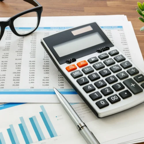 Accountants West Bridgford leaving their accounting equipment and glasses on a desk.